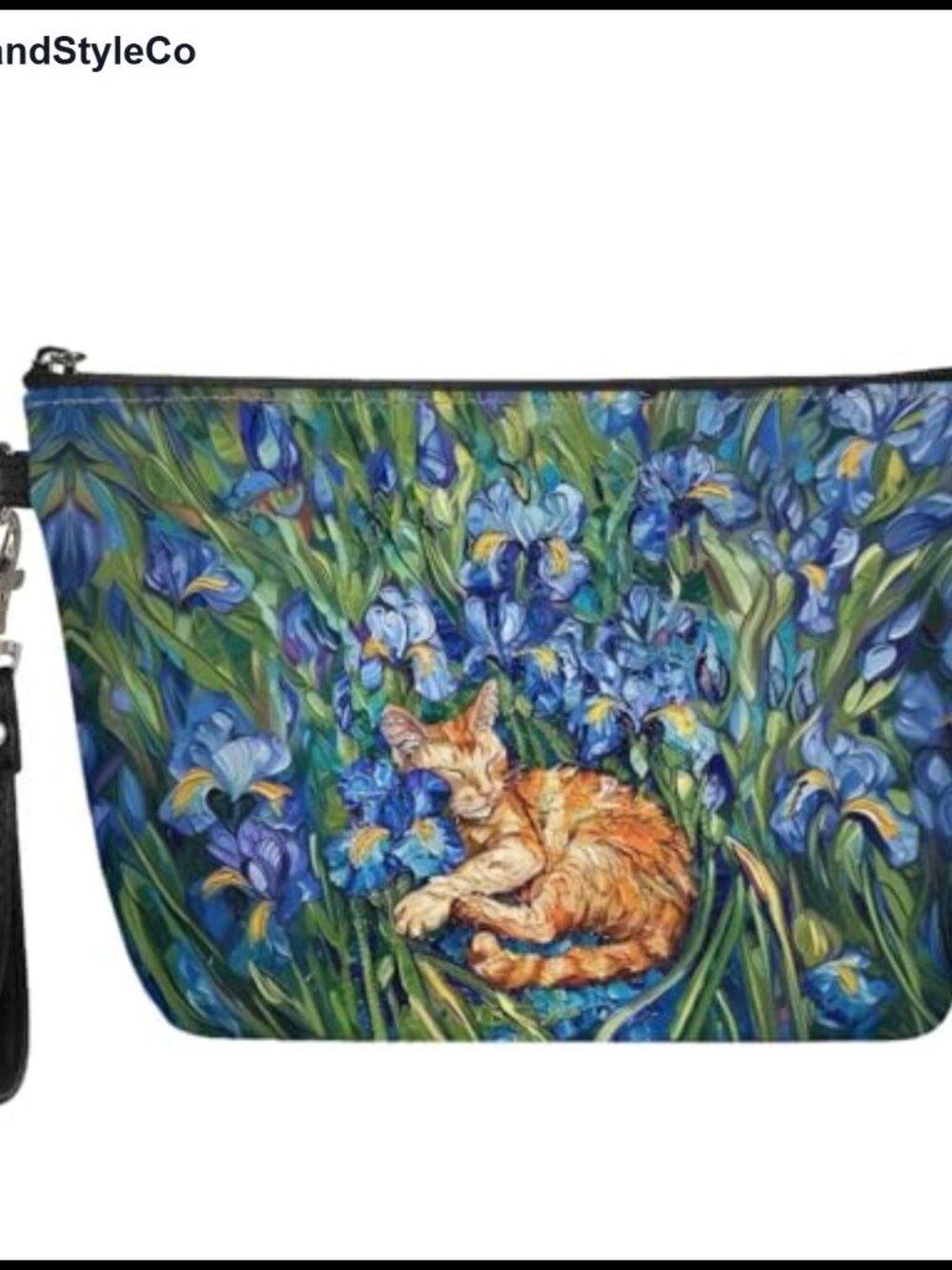 Faux Leather Cosmetic Bag Wristlet Cat Floral Zipper Travel Makeup Pouch